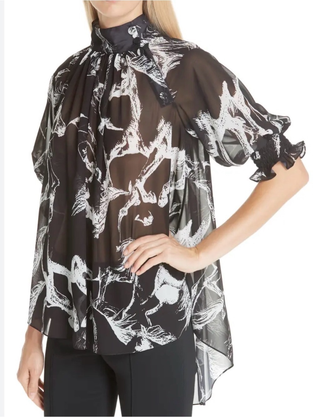 Adam Lippes Black & White horse Print sheer High Neck Blouse high low hem 4